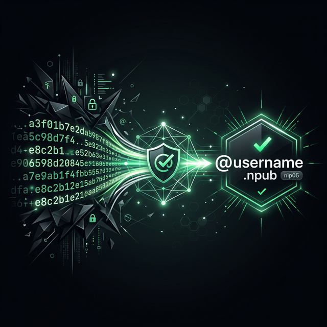 NIP-05 identity verification concept — cryptographic public key mapped to a human-readable Nostr address