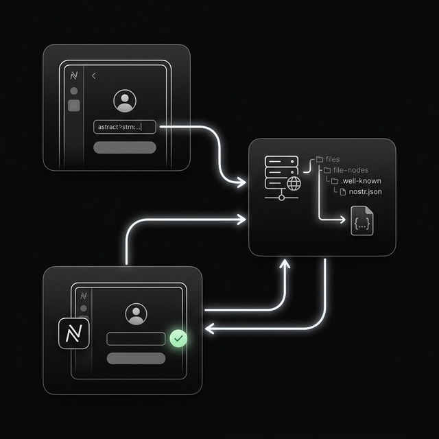 Diagram showing NIP-05 verification flow: user sets address, domain hosts nostr.json, clients verify the mapping